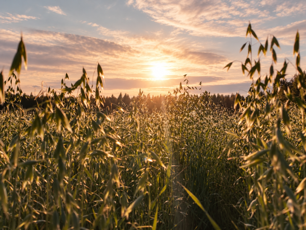Auringonlasku järvimaisemassa heinien takana