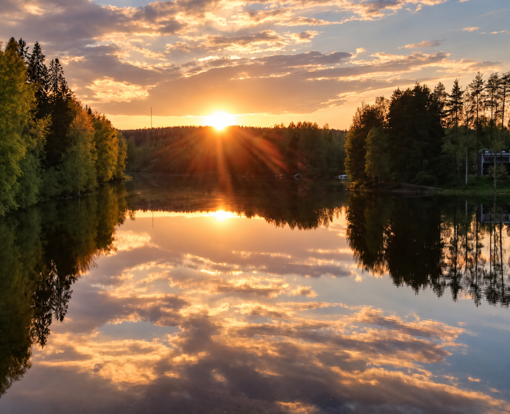 Auringonvalo metsäjärven yllä