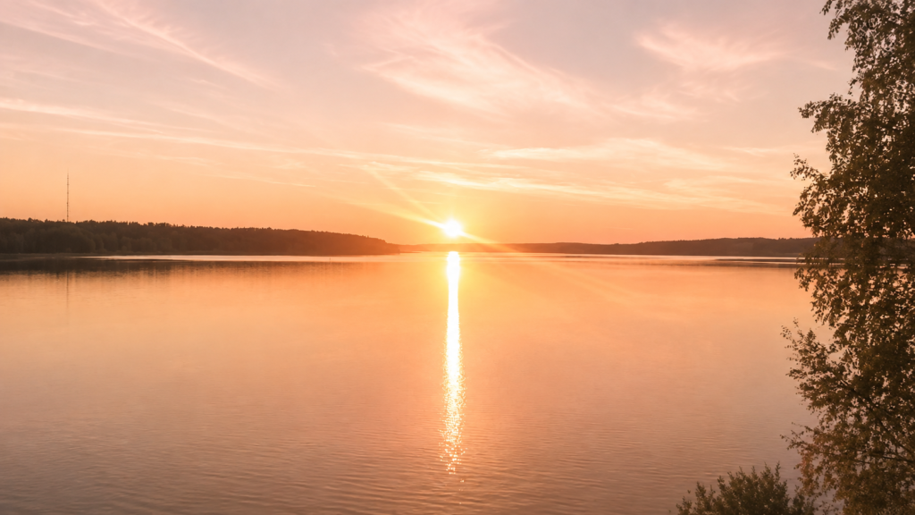 Auringonlasku rauhallisen järven yllä